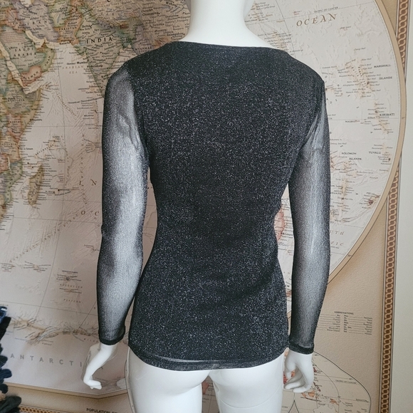 Cache vintage sheer black long sleeve lined top metallic silver whimsigoth S - Picture 10 of 11